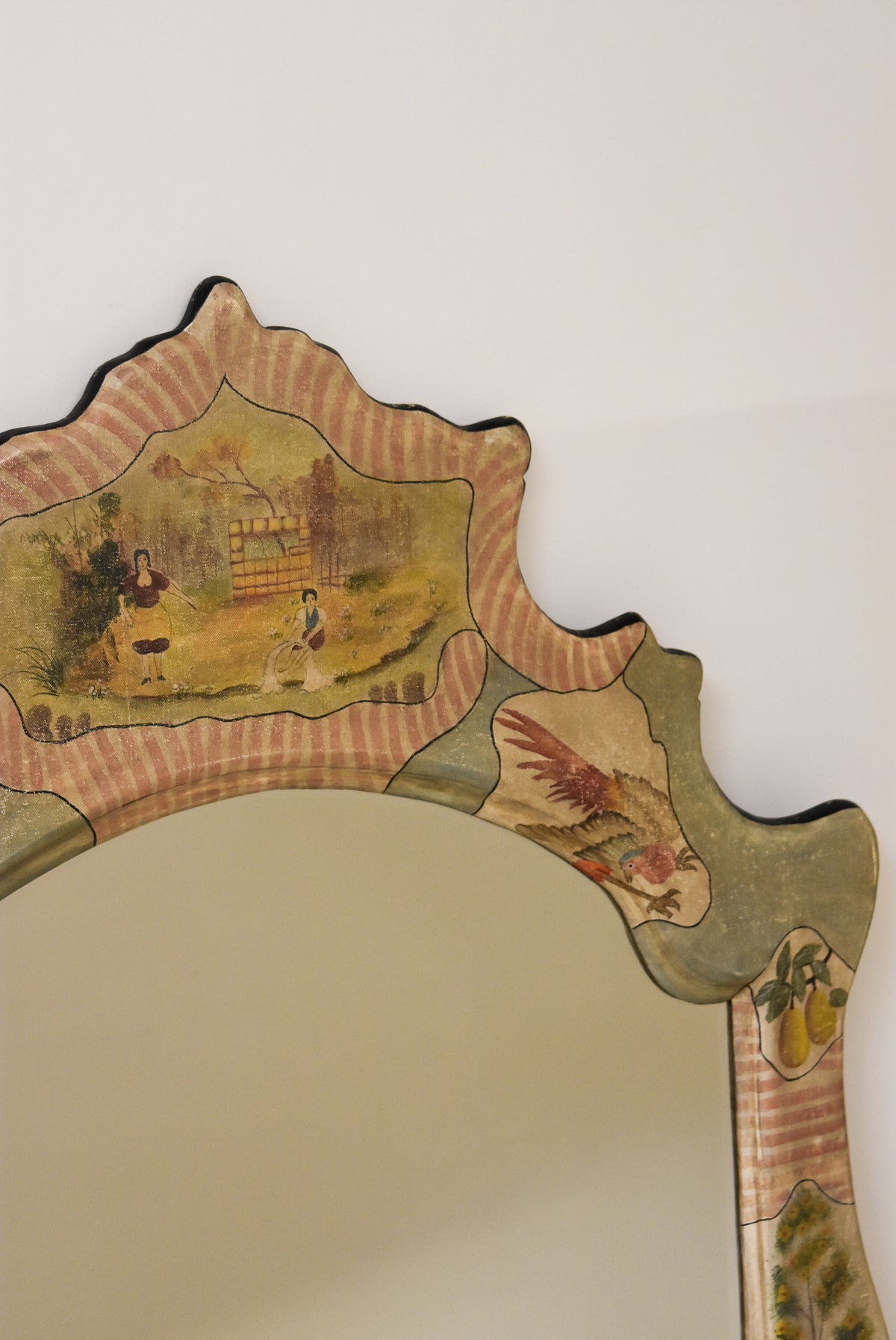 Vintage Hand Painted Canvas Mirror with Scalloped Border