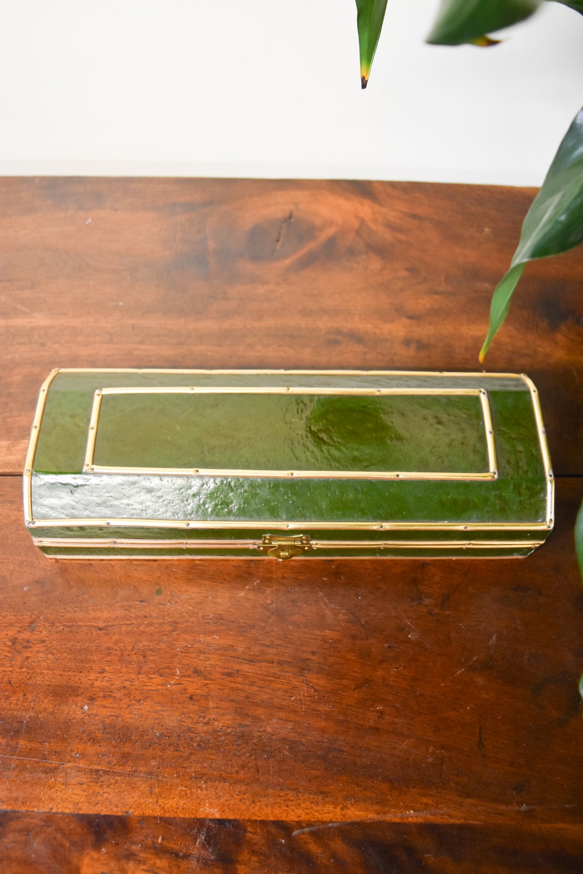 Vintage Green Decorative Box with Brass Metal Trim