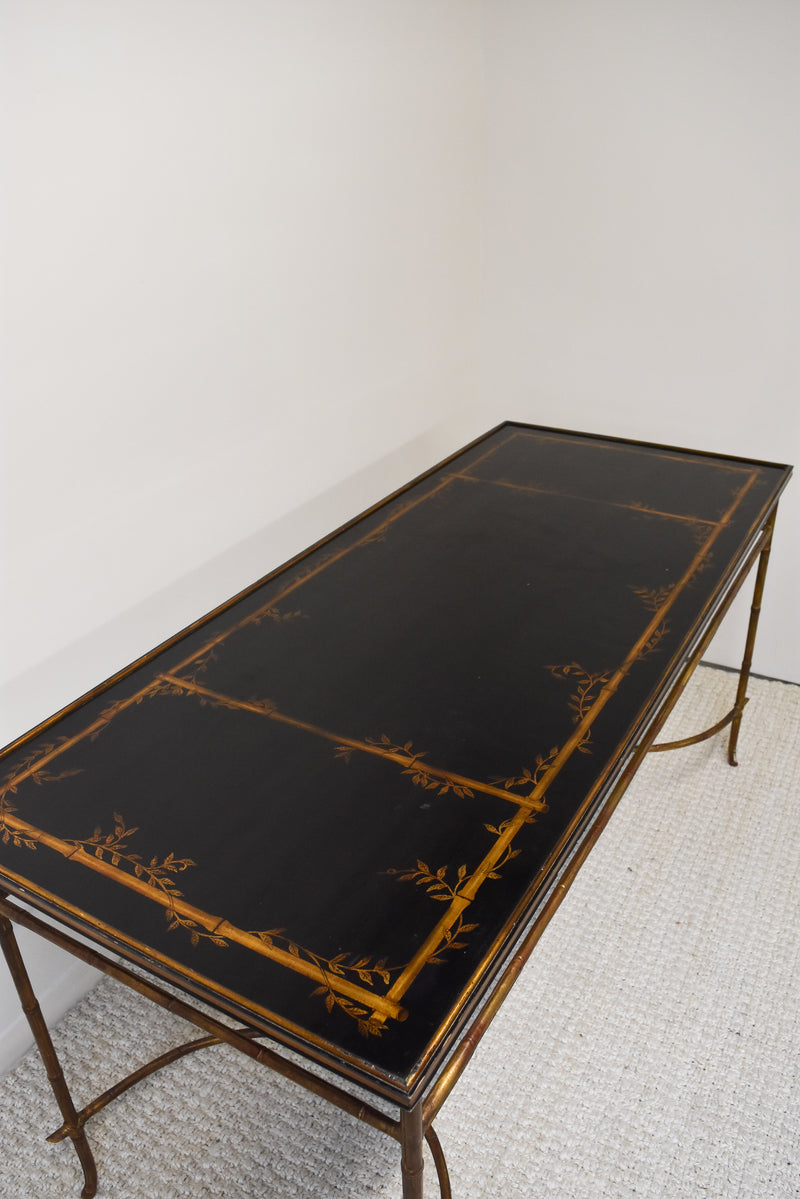 Large Console Table with Faux Bamboo Base and Laquered Chinoisserie Top