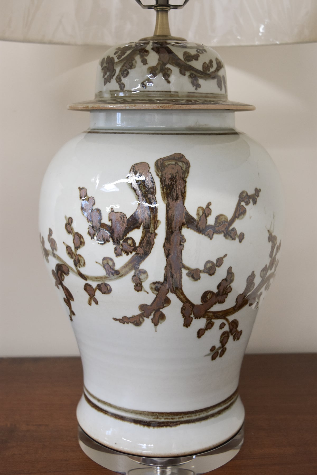 Pair of Brown and White Ginger Jar Porcelain Lamps with Branch Motif