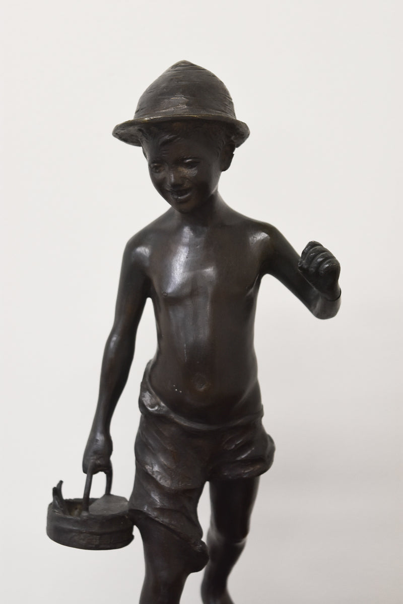 Signed Bronze Boy Statue on Marble Base