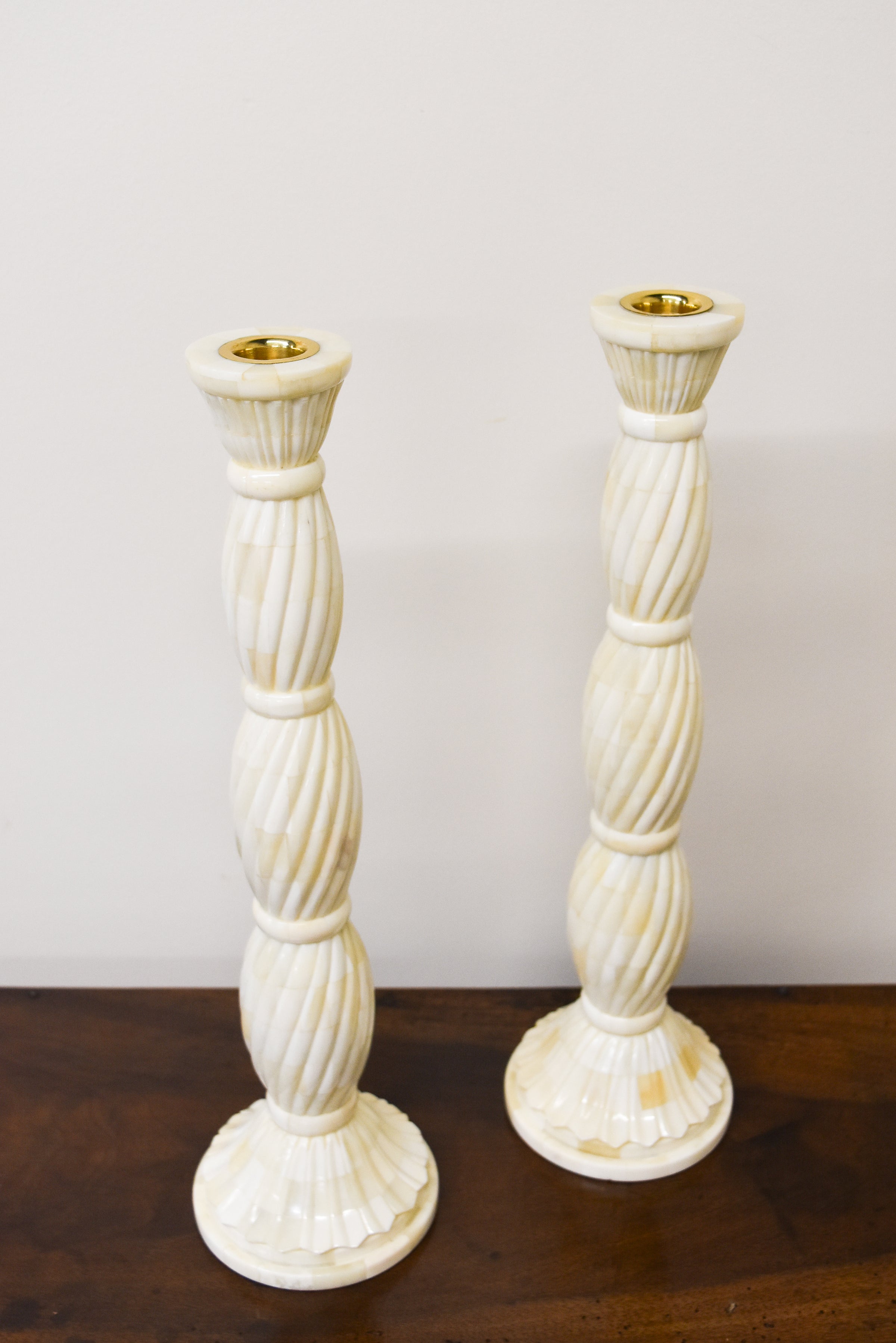 Pair of Tall Twisted Bone Candlesticks