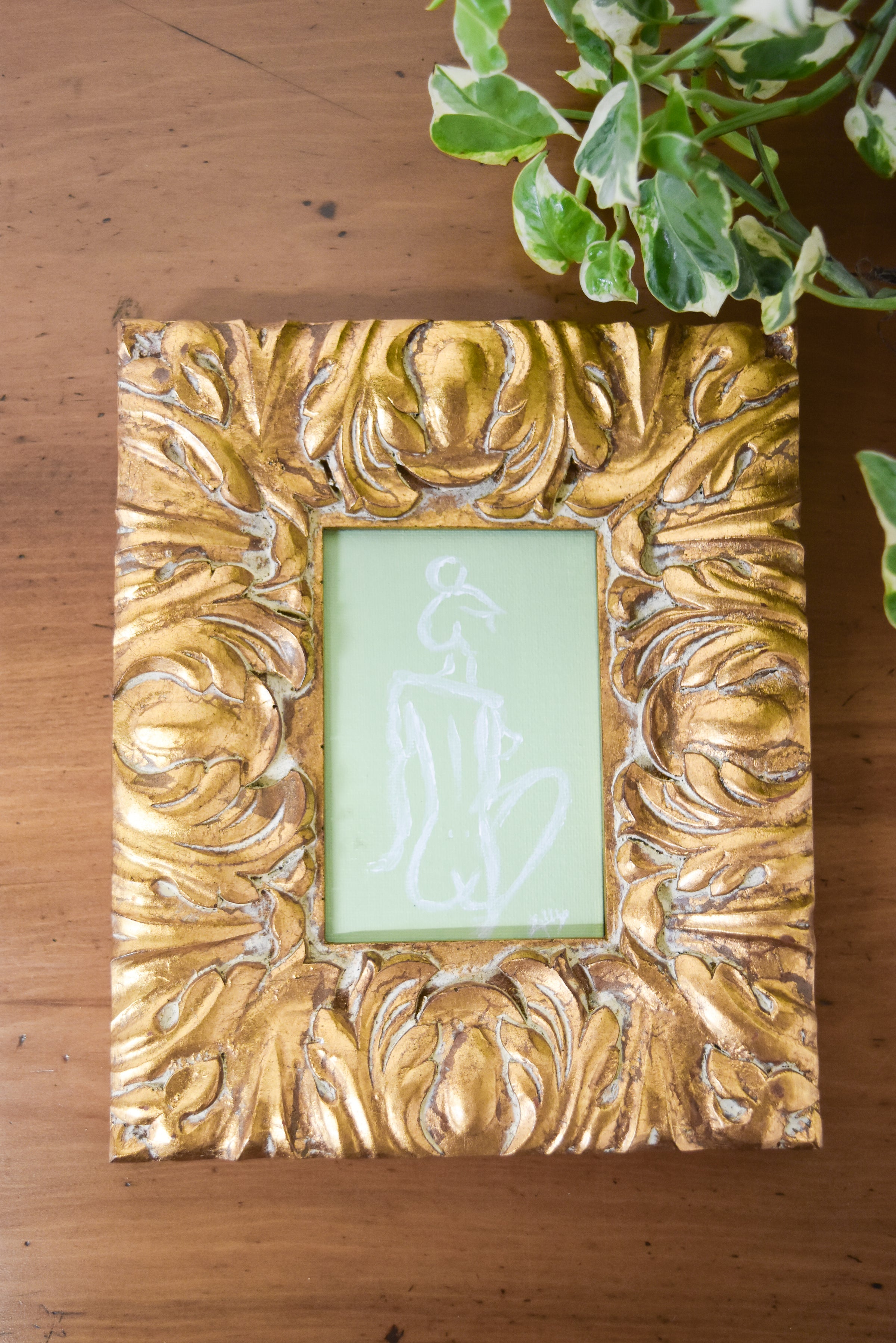 Small Green Nude Sketch in Gold Frame