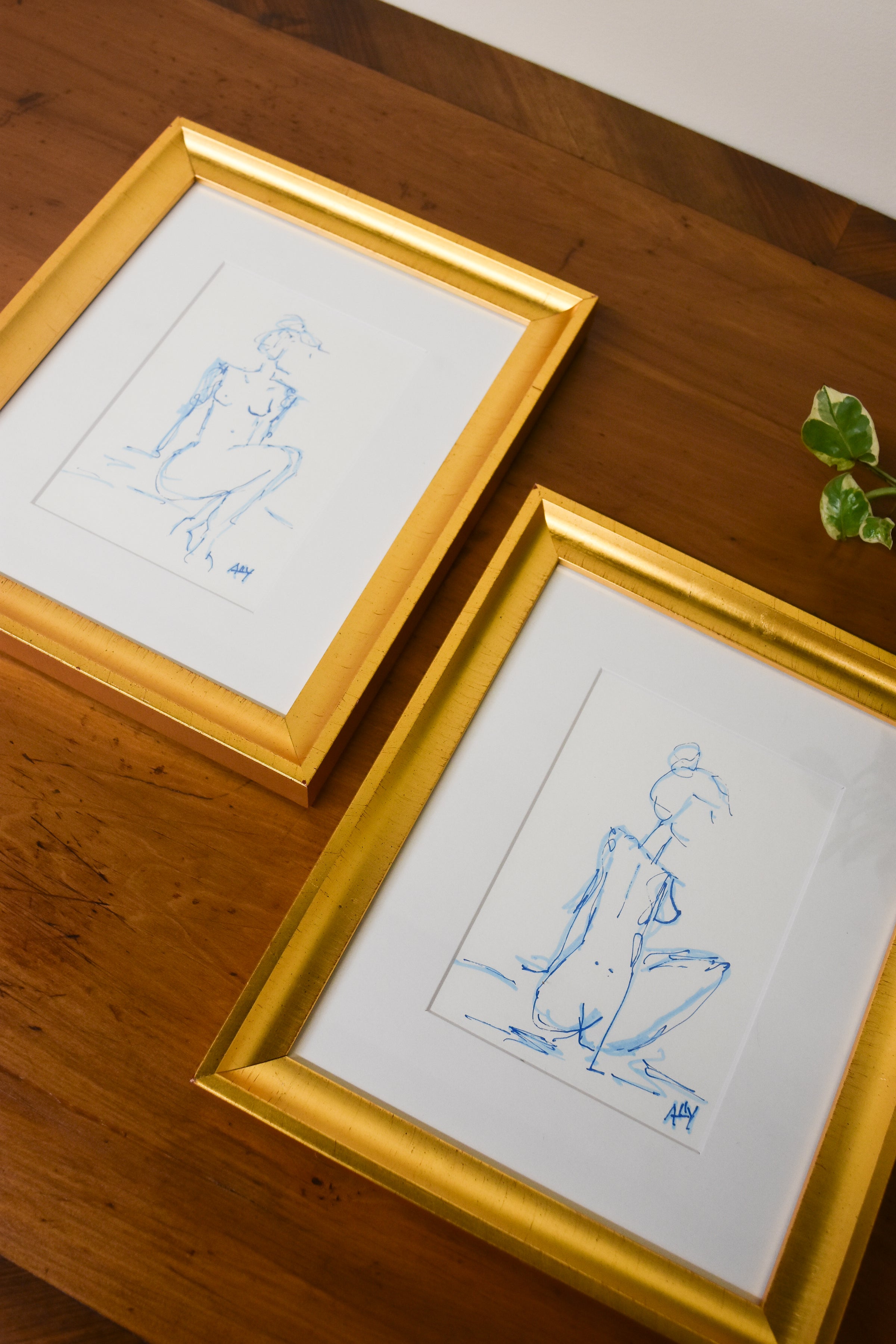 Large Blue Nude Sketch in Modern Gold Frame