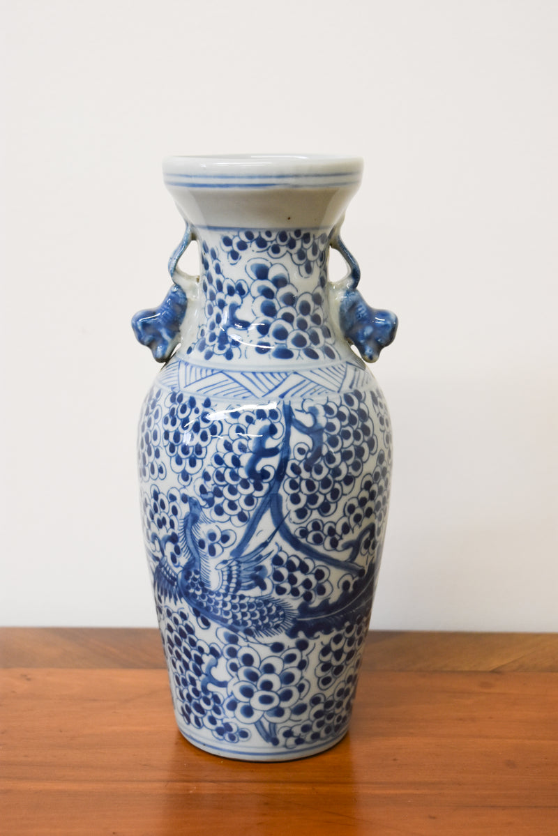 Petite Blue and White Chinoisserie Vases with Peacock Motif