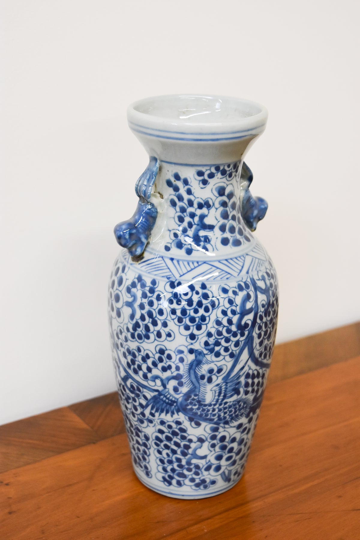 Petite Blue and White Chinoisserie Vases with Peacock Motif