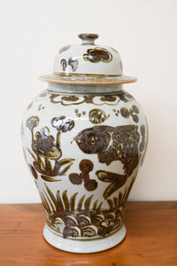 Brown & White Chinoisserie Jar with Fish Motif