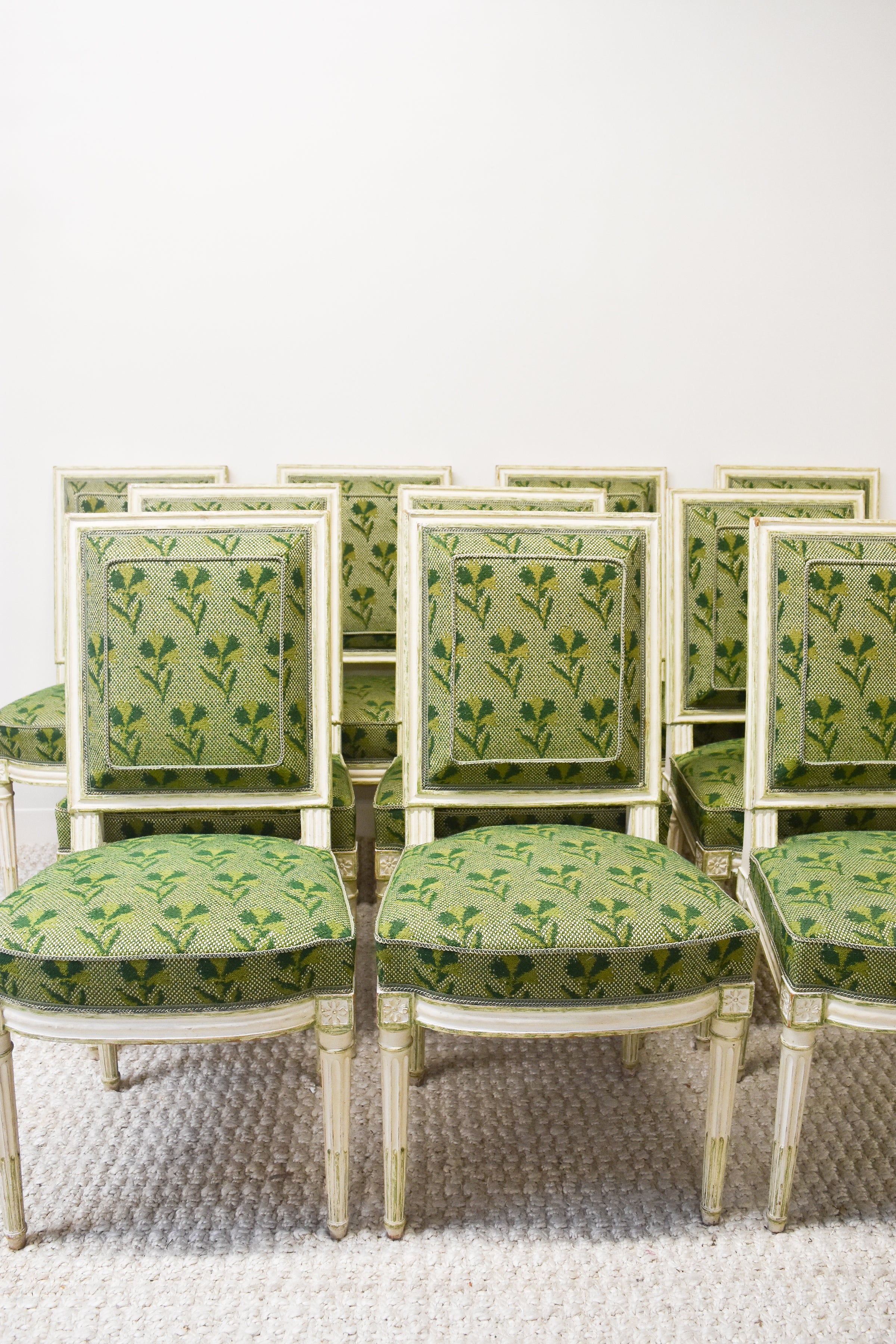 Set of 10 Painted Cream & Green French Chairs