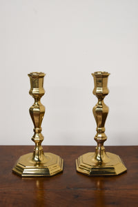 Pair of Mid Century Brass Hexagon Base Candlesticks