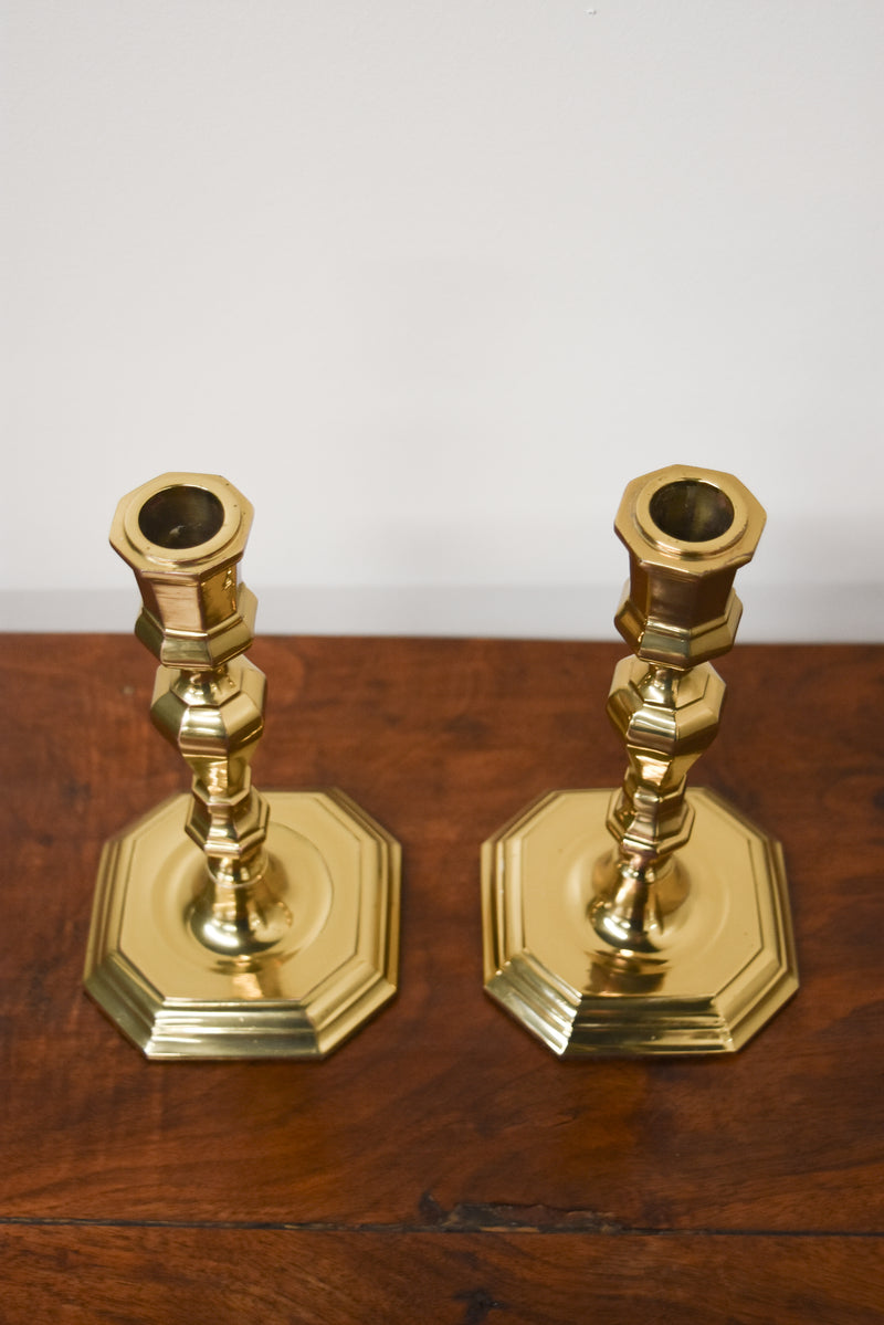 Pair of Mid Century Brass Hexagon Base Candlesticks