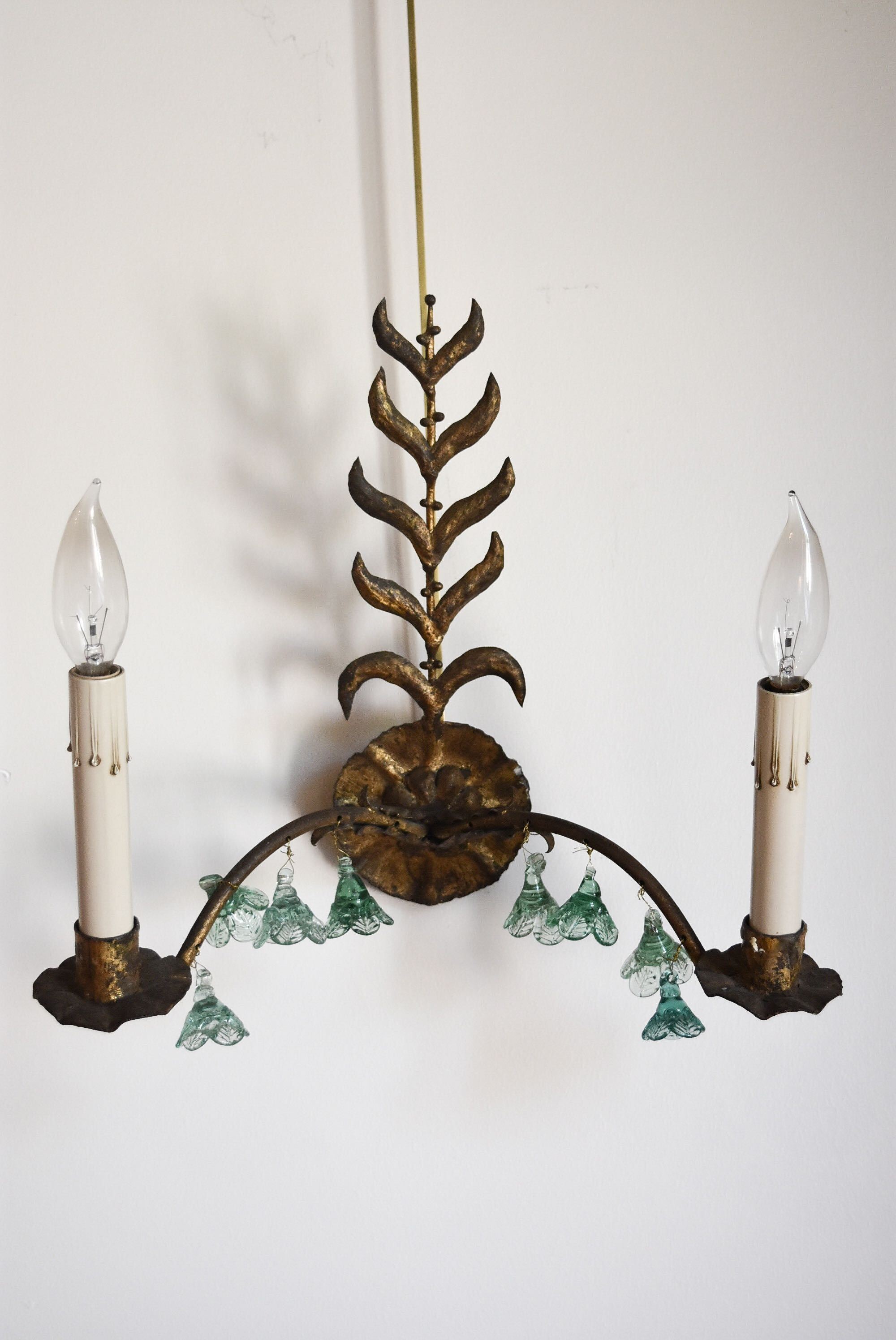 Pair of Gilded Sconces with Green Flowers