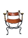Pair of Black Iron and Brown Leather Curule Chairs with Crest