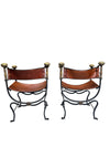 Pair of Black Iron and Brown Leather Curule Chairs with Crest