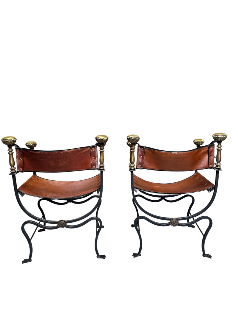 Pair of Black Iron and Brown Leather Curule Chairs with Crest