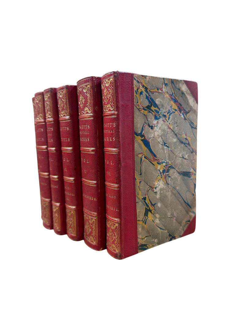 Set of 6 Antique “Scott’s Poetical Works & Novels” Red Leather Books