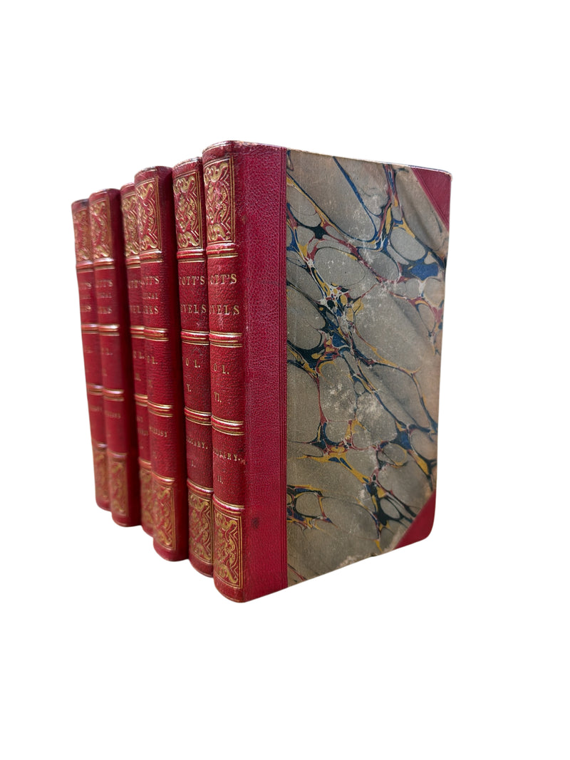 Set of 6 Antique “Scott’s Poetical Works & Novels” Red Leather Books