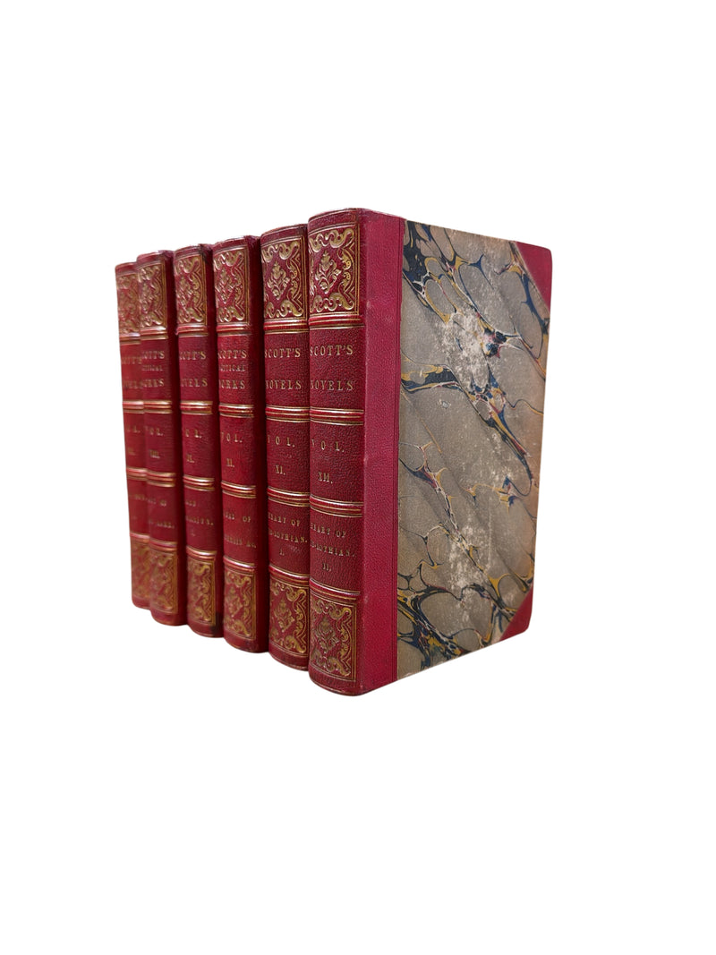 Set of 6 Antique “Scott’s Poetical Works & Novels” Red Leather Books