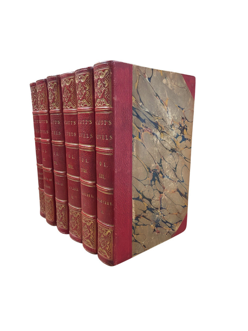 Set of 6 Antique “Scott’s Poetical Works & Novels” Red Leather Books