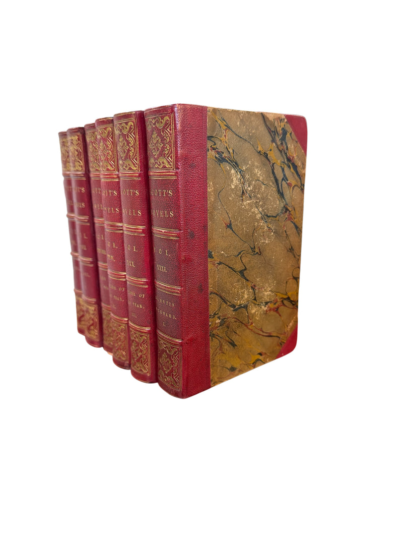 Set of 6 Antique “Scott’s Poetical Works & Novels” Red Leather Books