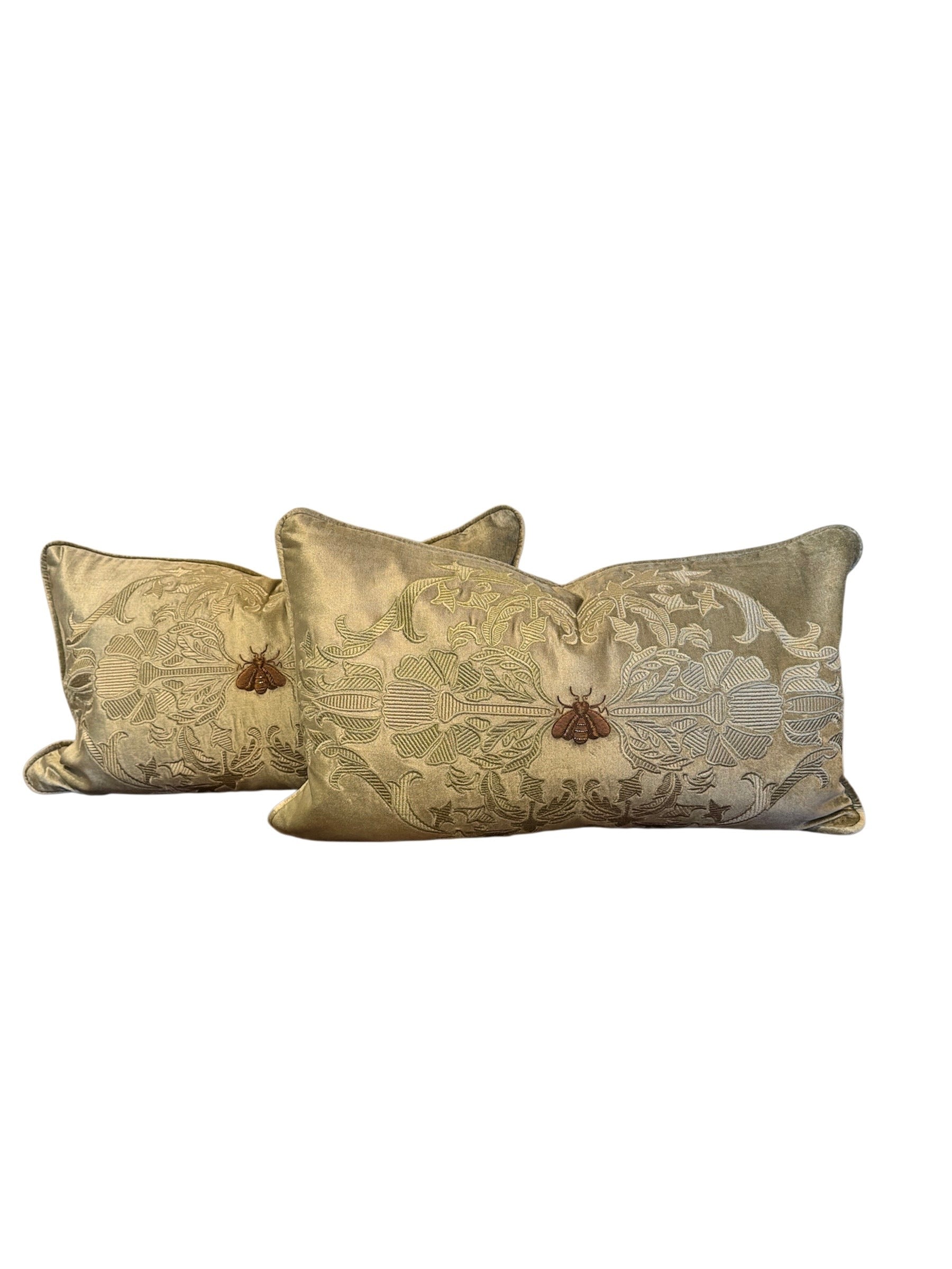 Green Velvet Lumbar Pillows with Gold Bee