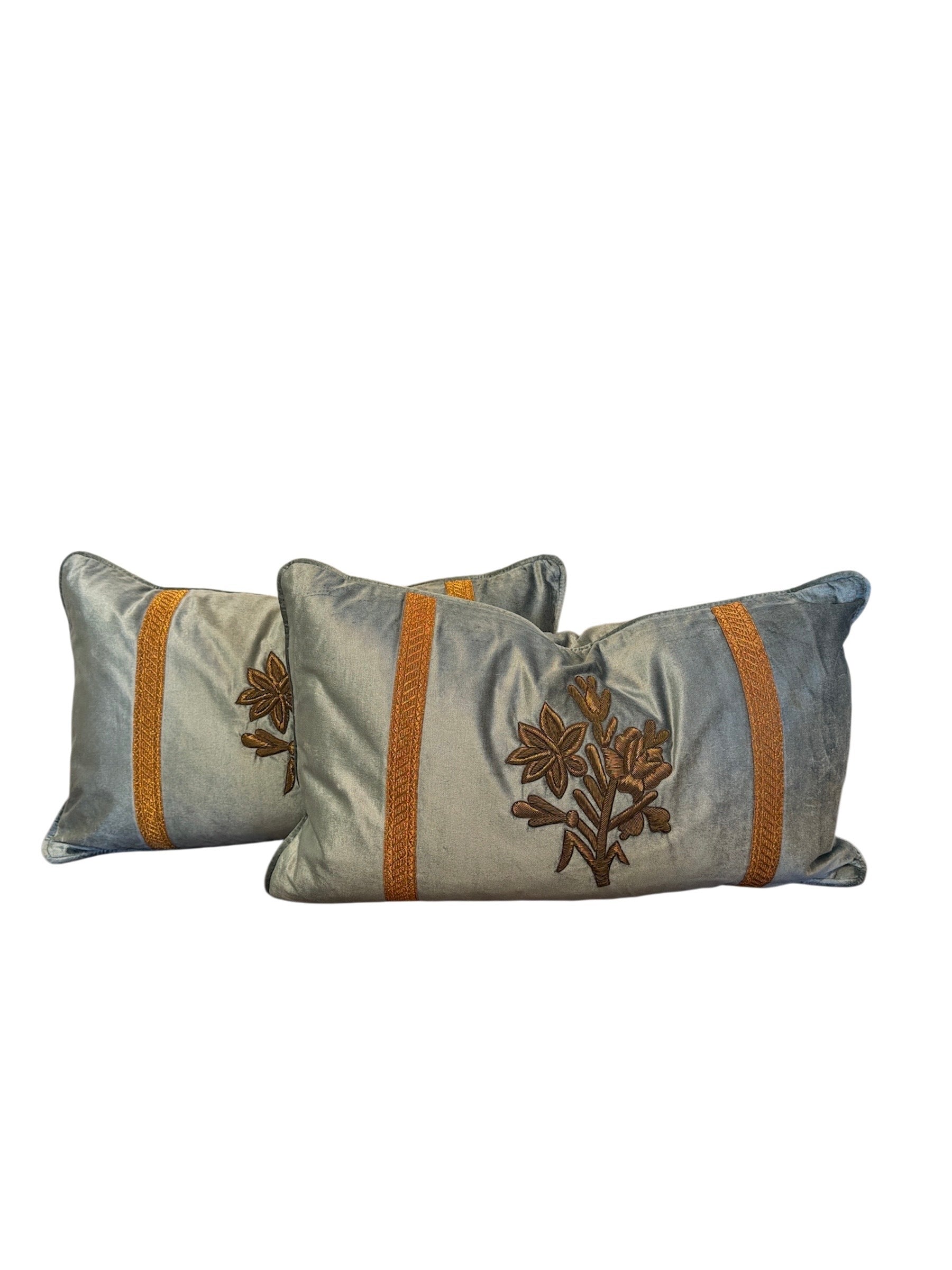 Blue Velvet Pillows with Gold Embroidery