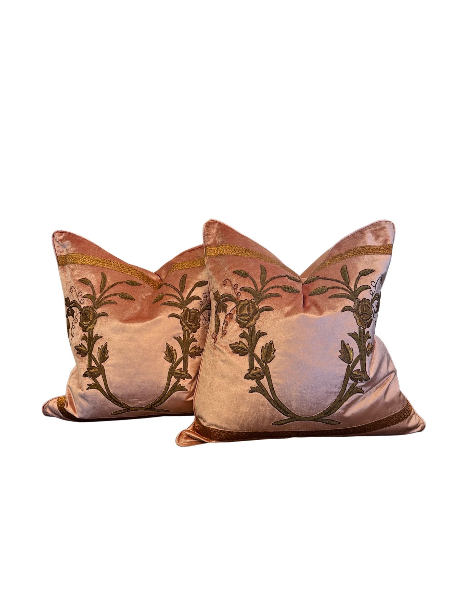 Coral Velvet Pillows with Gold Embroidery