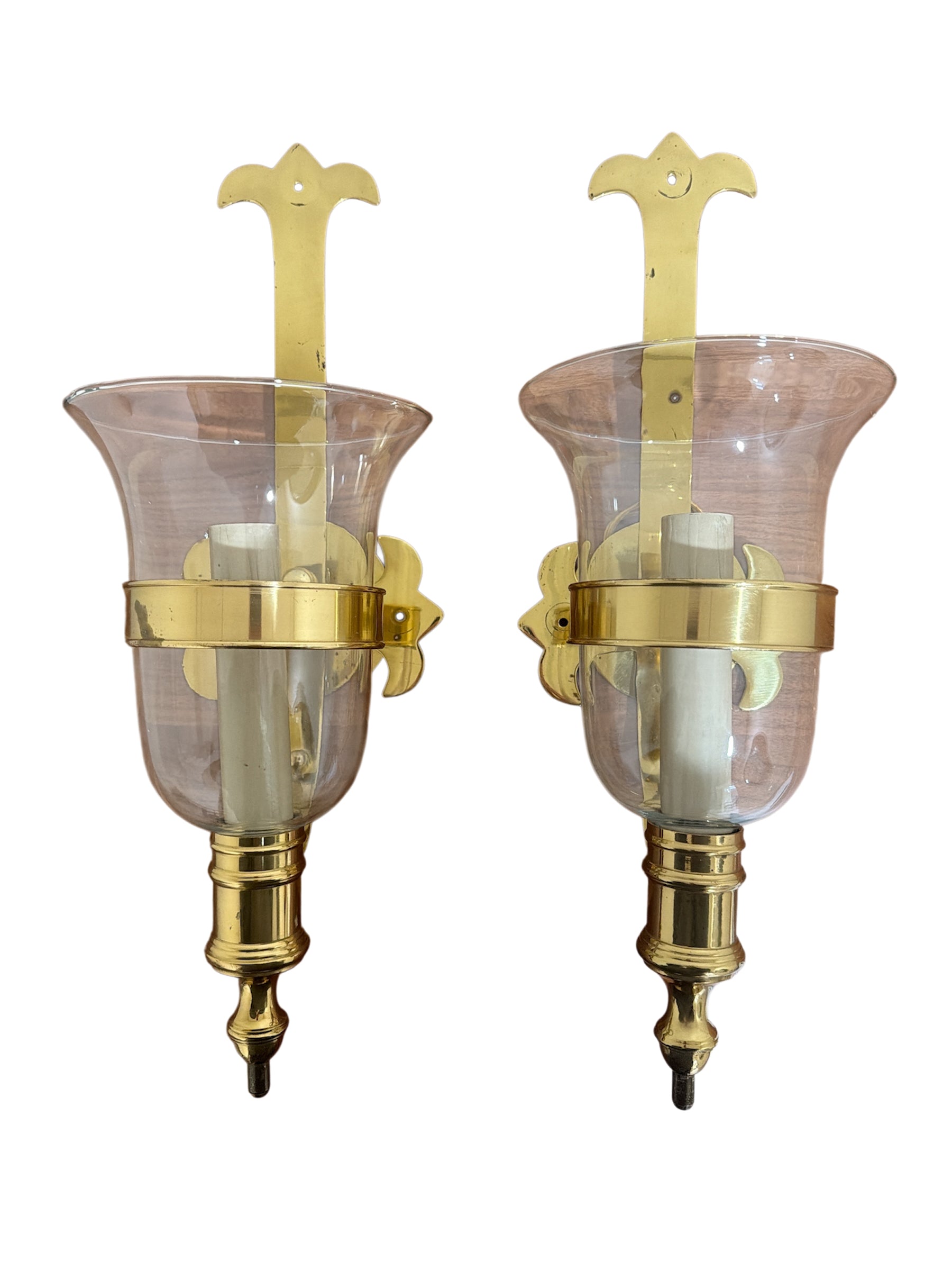 Pair of Glass and Brass-Strapped Hurricanes