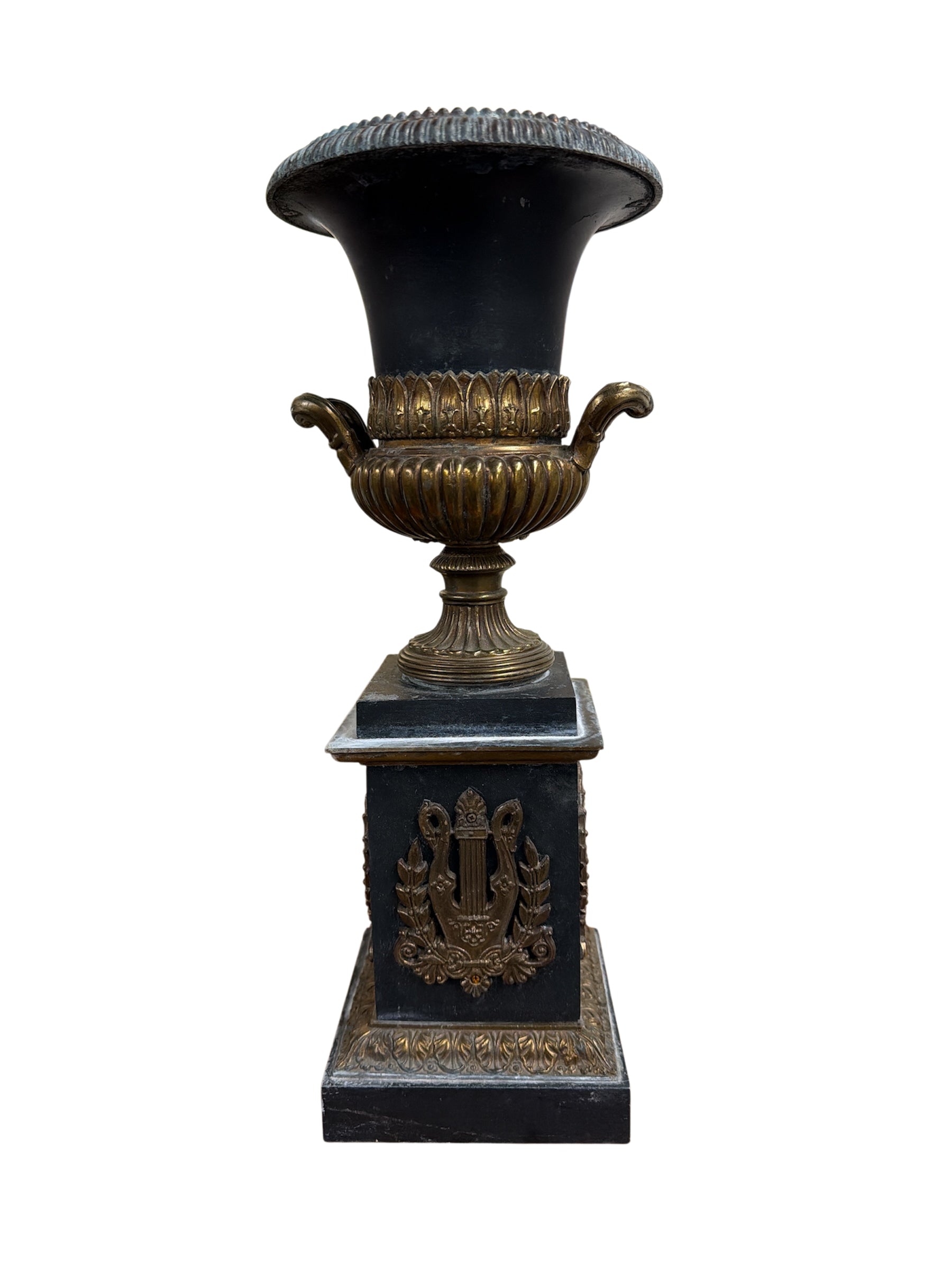 Neoclassical Black Urn on Pedestal Stand
