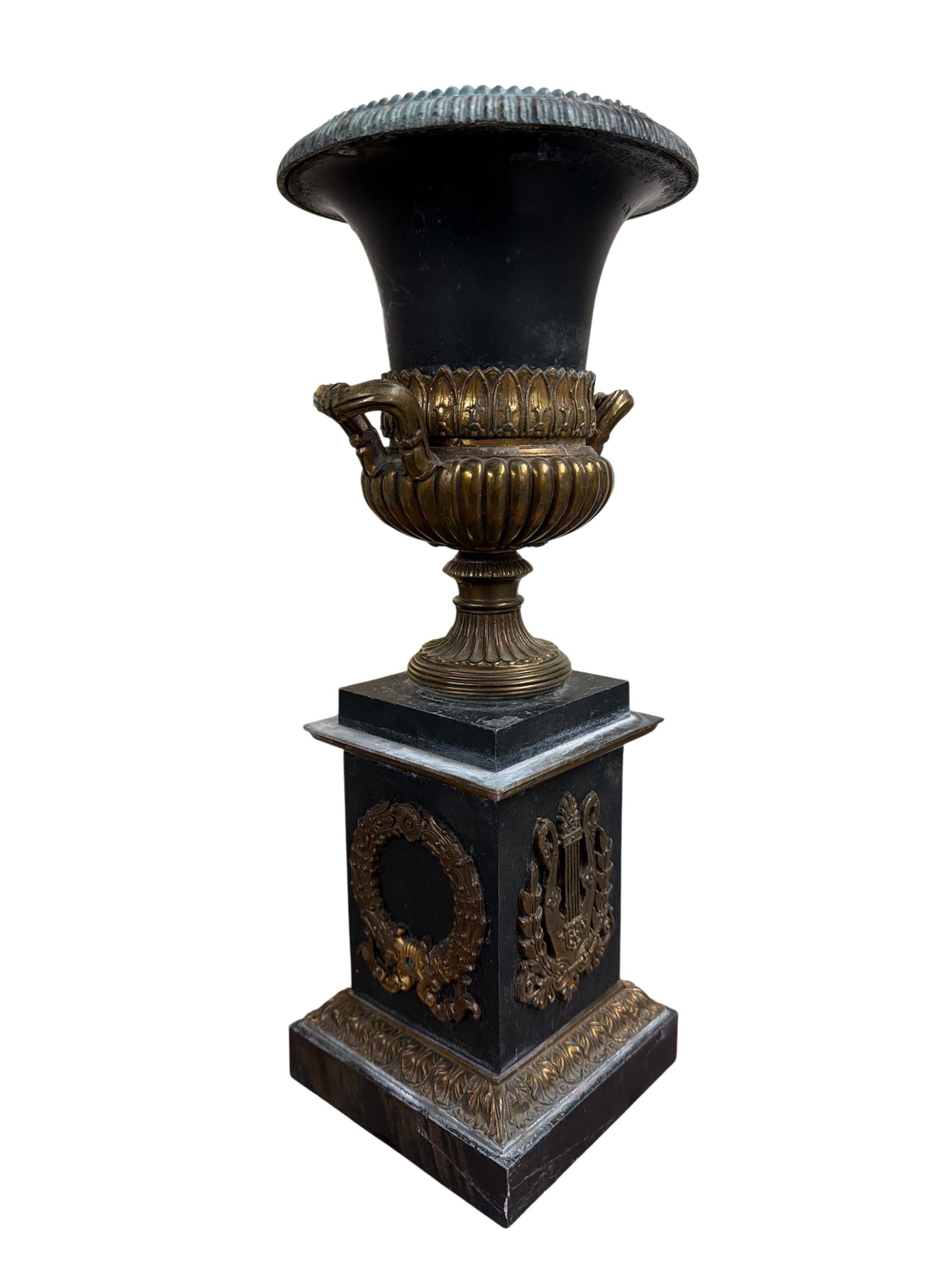 Neoclassical Black Urn on Pedestal Stand