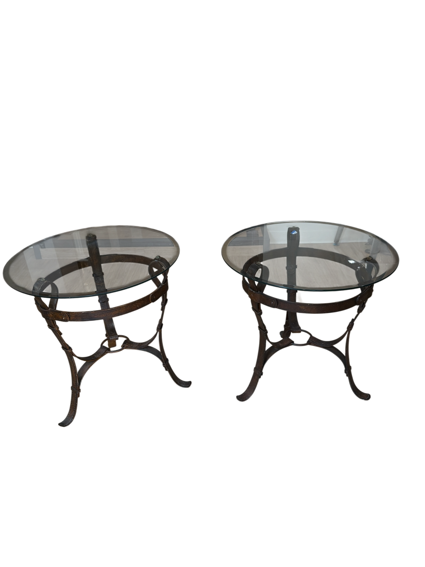 Pair of 1980s Hermes Adnet Style Iron Faux Leather Strap Equestrian End Tables