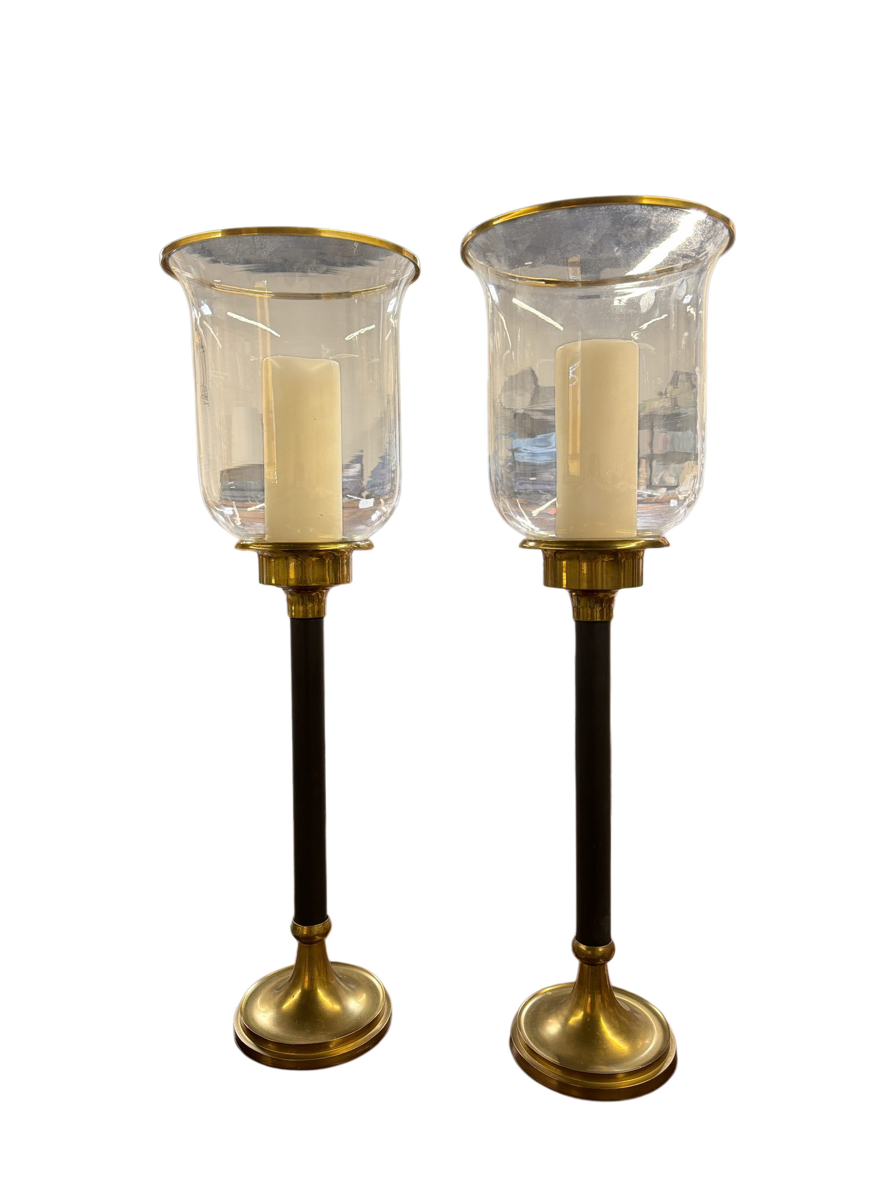 Pair of Brass & Glass Hurricane Candleholders
