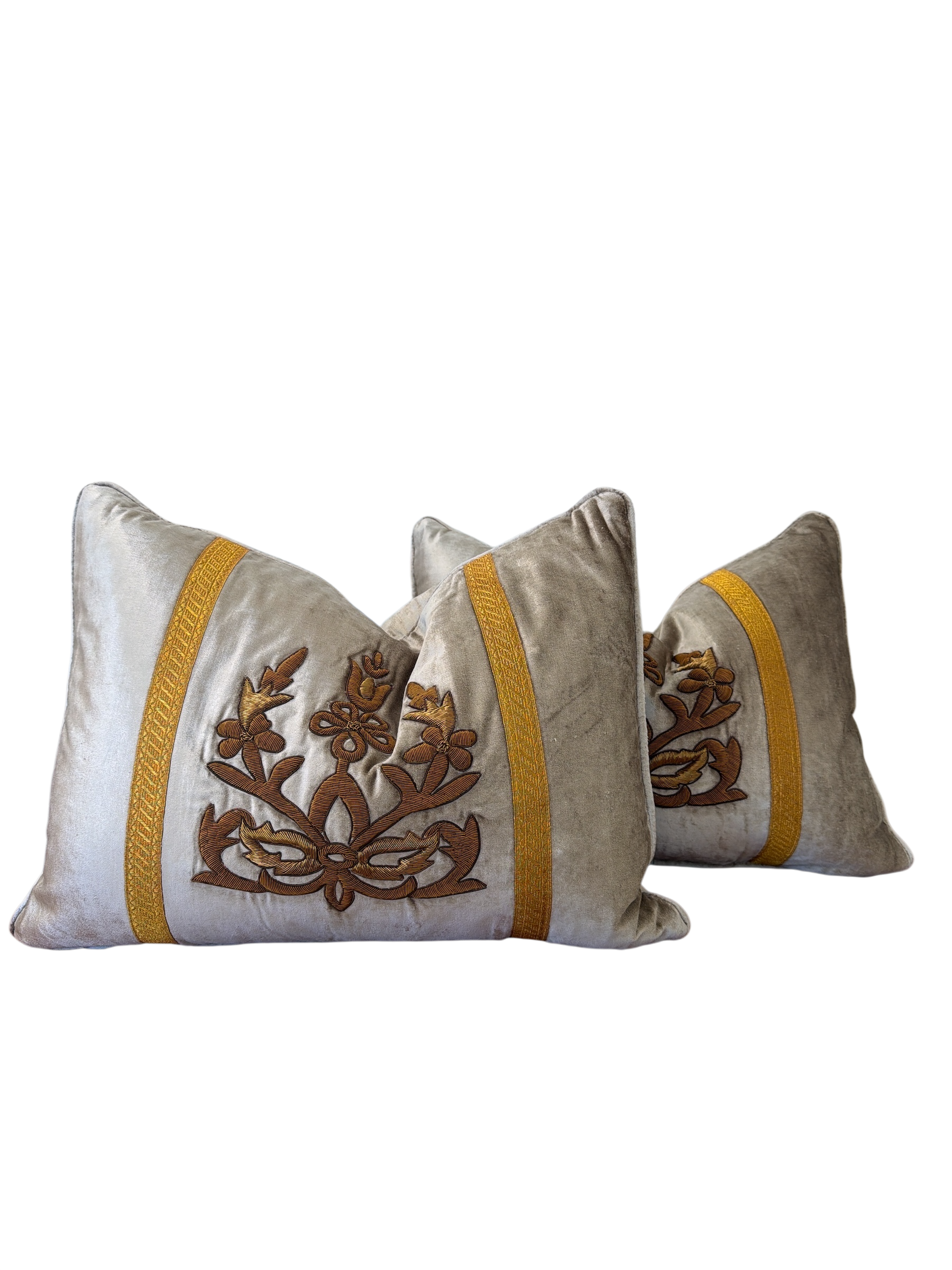 Pair of Light Fawn Gold Embroidered Pillows