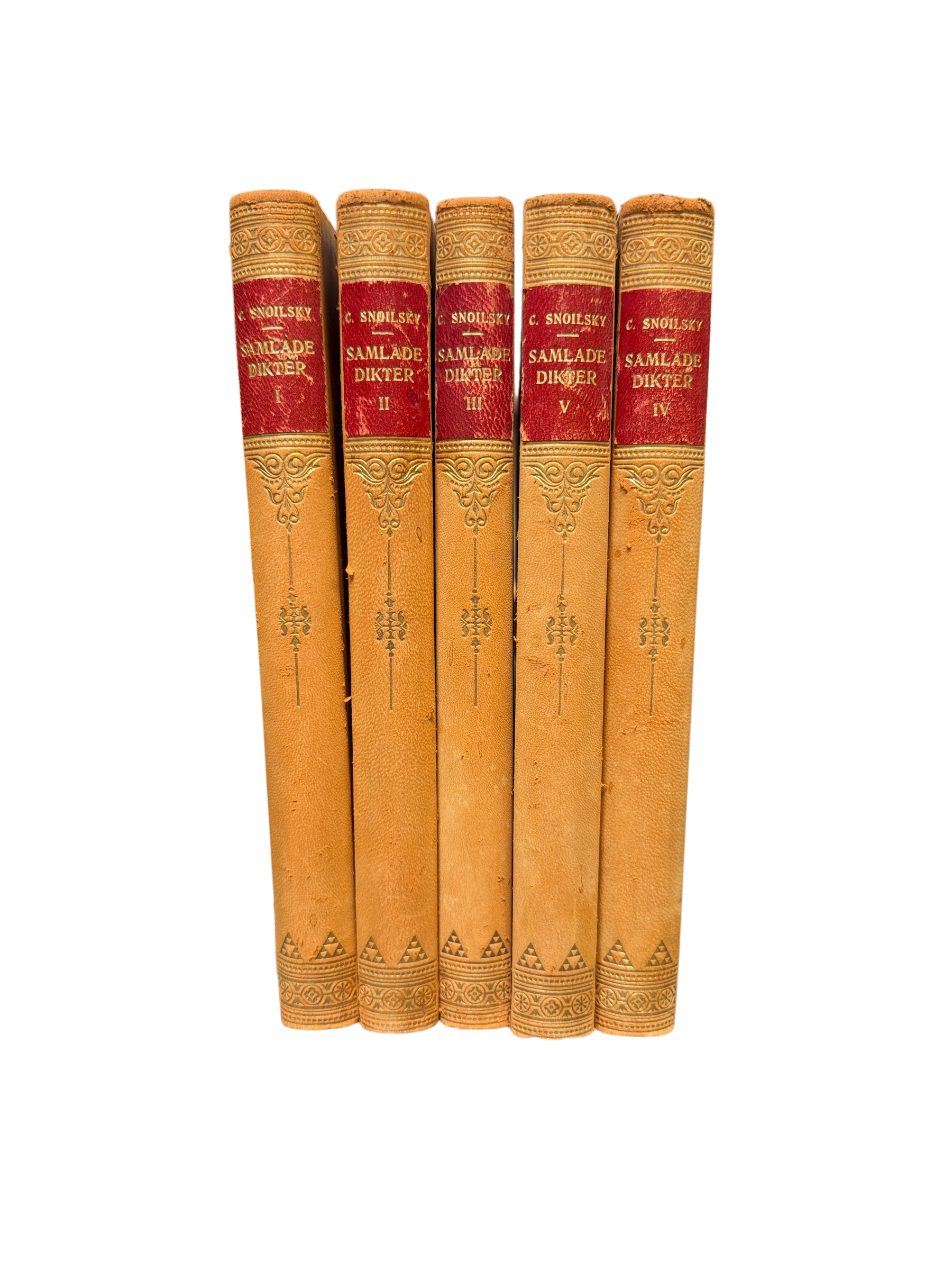 Set of 5 Antique Snoilsky Samlade Dikter Leather Books