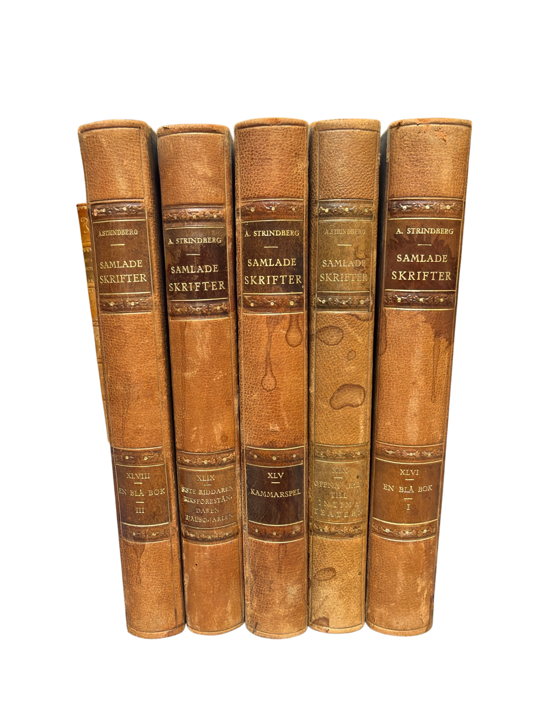 Set of 5 Antique August Strindberg Samlade Skrifter Leather Books