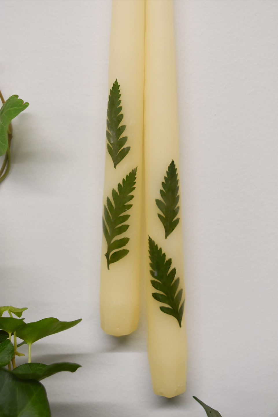 Set of 2 Leather Ferns Taper Candles