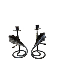 Pair of Iron Oak Leaf and Acorn Candlesticks