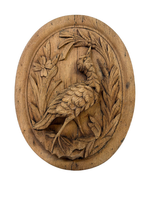 Pair of Hand-Carved French Oak Bird Plaques