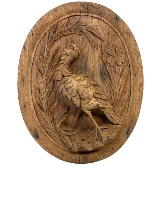Pair of Hand-Carved French Oak Bird Plaques