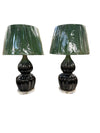Pair of Black Ribbed Gourd Lamps with Emerald Pleated Shades