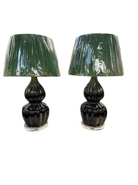 Pair of Black Ribbed Gourd Lamps with Emerald Pleated Shades