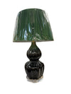 Pair of Black Ribbed Gourd Lamps with Emerald Pleated Shades