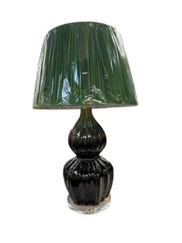 Pair of Black Ribbed Gourd Lamps with Emerald Pleated Shades