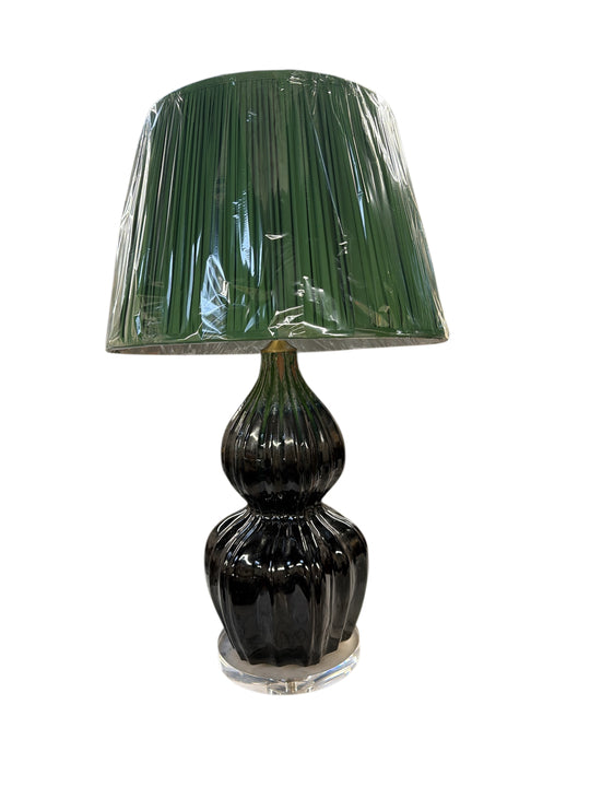 Pair of Black Ribbed Gourd Lamps with Emerald Pleated Shades
