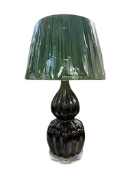 Pair of Black Ribbed Gourd Lamps with Emerald Pleated Shades
