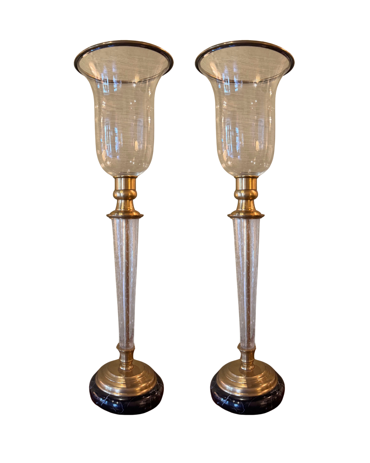 Pair of Brass & Glass Hurricanes