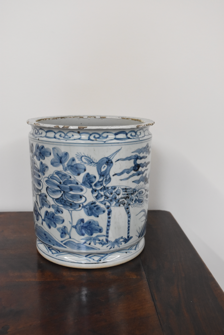 Blue and White Beaker Pot with Peacock Motif