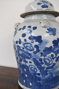 Large Blue & White Ginger Jar with Bird & Flower Motif