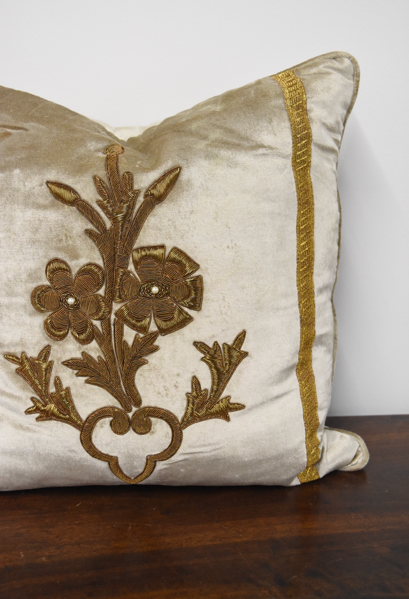 Fawn Velvet Pillow with Gold Embroidery