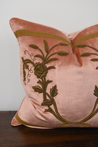 Coral Velvet Pillow with Gold Embroidery